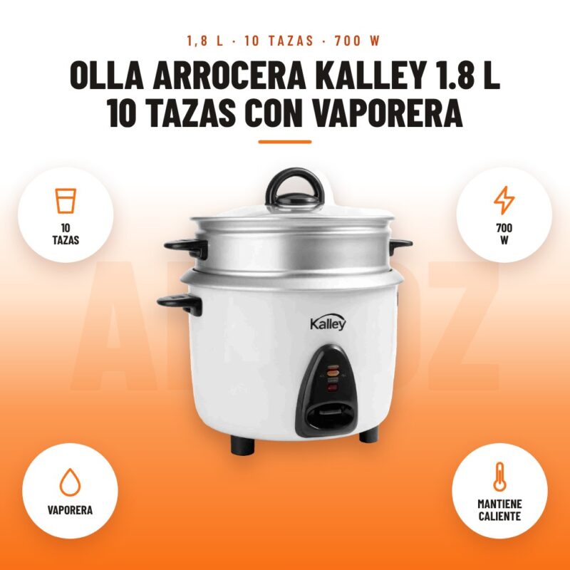 Olla Arrocera Kalley 1.8 L 10 Tazas con Vaporera: imagen promocional con 10 tazas, 700 w, vaporera, mantiene caliente