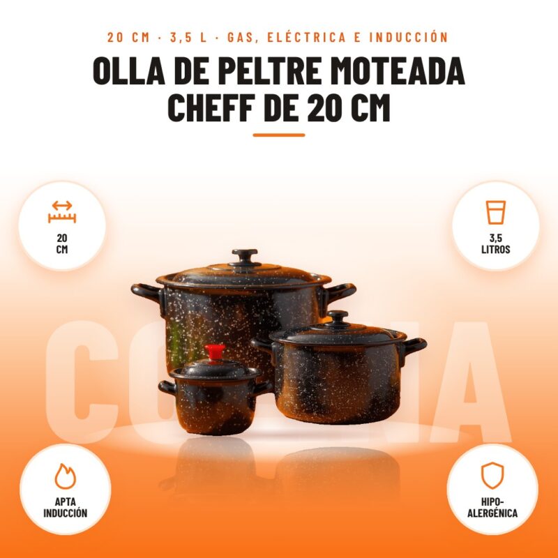 Olla de Peltre Moteada Cheff de 20 cm: imagen promocional con 20 cm, 3,5 litros, apta inducción, hipo- alergénica