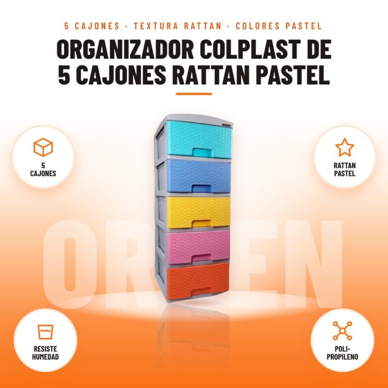 Organizador Colplast de 5 Cajones Rattan Pastel: imagen promocional con 5 cajones, rattan pastel, resiste humedad, poli- propileno
