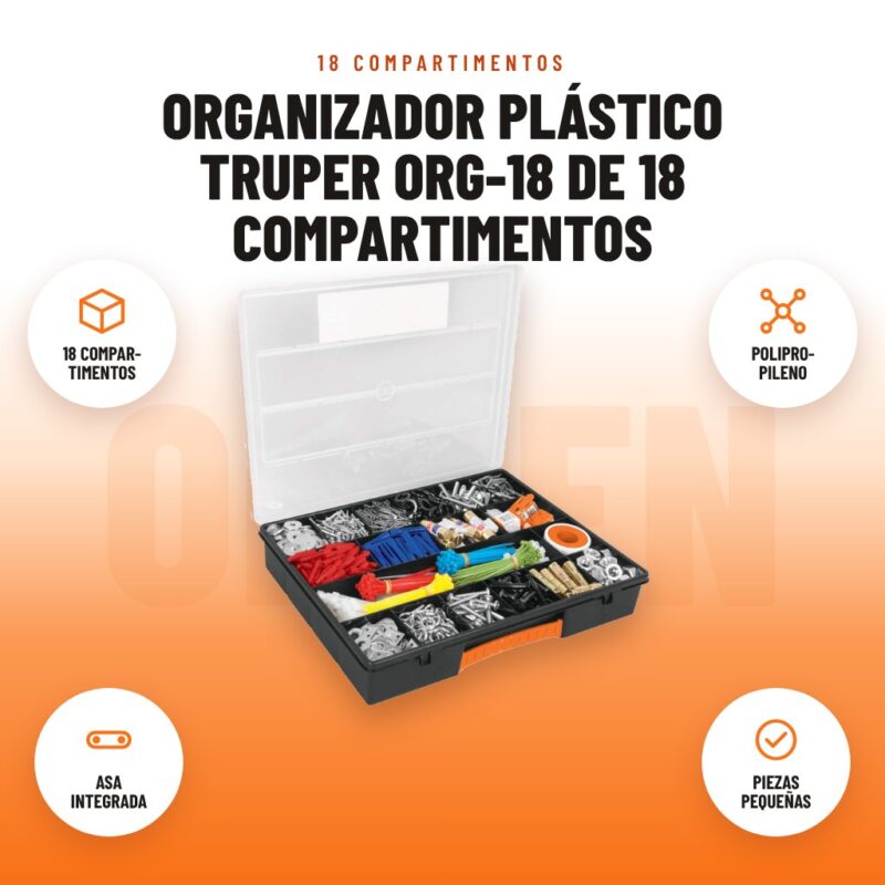 Organizador Plástico Truper ORG-18 de 18 Compartimentos: imagen promocional con 18 compar- timentos, polipro- pileno, asa integrada, piezas pequeñas