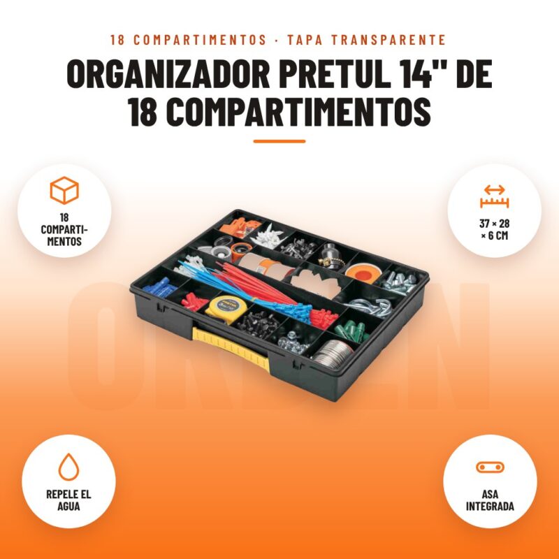 Organizador Pretul 14" de 18 Compartimentos: imagen promocional con 18 comparti- mentos, 37 × 28 × 6 cm, repele el agua, asa integrada