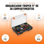 Organizador Truper 11" de 36 Compartimentos: imagen promocional con 36 comparti- mentos, 28 × 18 × 4,5 cm, repele el agua, broches uso rudo