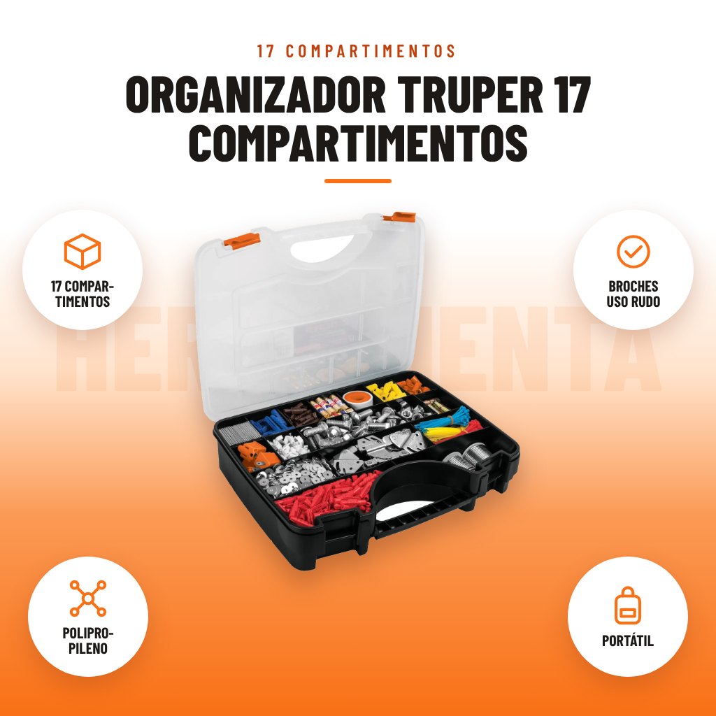 Organizador Truper 17 Compartimentos: imagen promocional con 17 compar- timentos, broches uso rudo, polipro- pileno, portátil