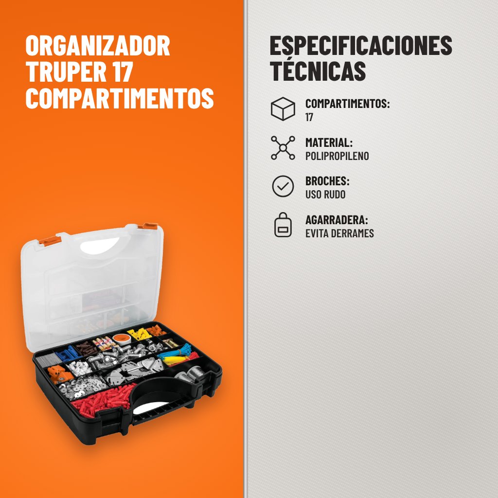 Especificaciones técnicas de Organizador Truper 17 Compartimentos