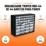 Organizador Truper ORG-44 de 44 Gavetas para Pared: imagen promocional con 44 gavetas, 16 separadores, montaje en pared, gavetas traslúcidas
