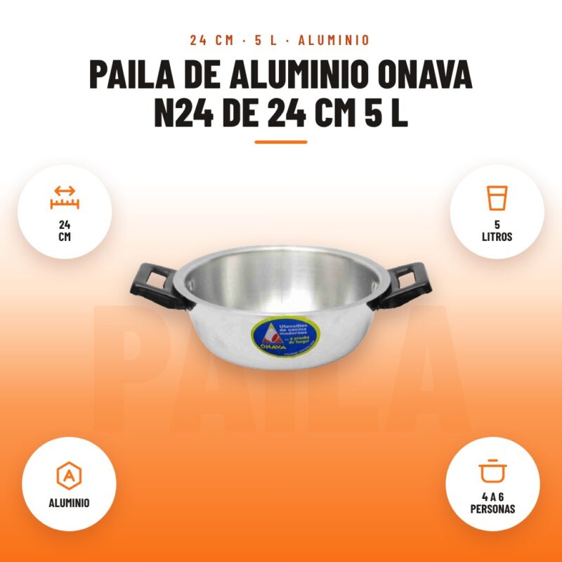 Paila de Aluminio Onava N24 de 24 cm 5 L: imagen promocional con 24 cm, 5 litros, aluminio, 4 a 6 personas