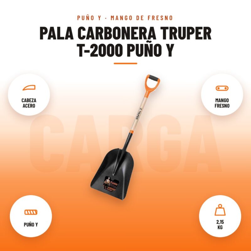 Pala Carbonera Truper T-2000 Puño Y: imagen promocional con cabeza acero, mango fresno, puño y, 2,15 kg