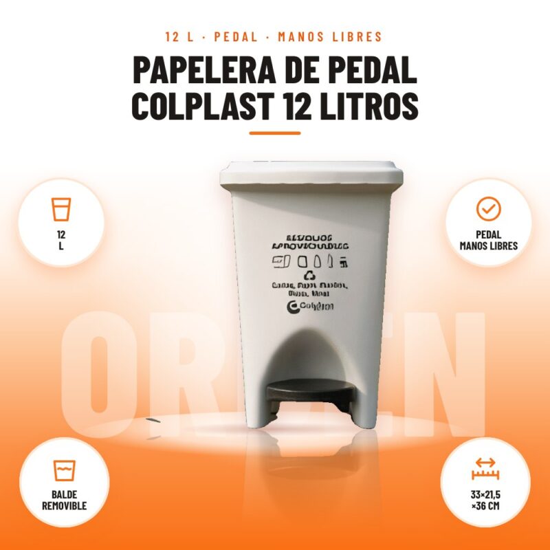 Papelera de Pedal Colplast 12 Litros: imagen promocional con 12 l, pedal manos libres, balde removible, 33×21,5 ×36 cm