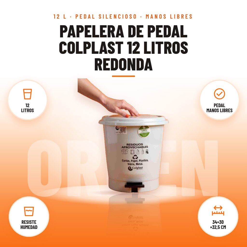 Papelera de Pedal Colplast 12 Litros Redonda: imagen promocional con 12 litros, pedal manos libres, resiste humedad, 34×30 ×32,5 cm