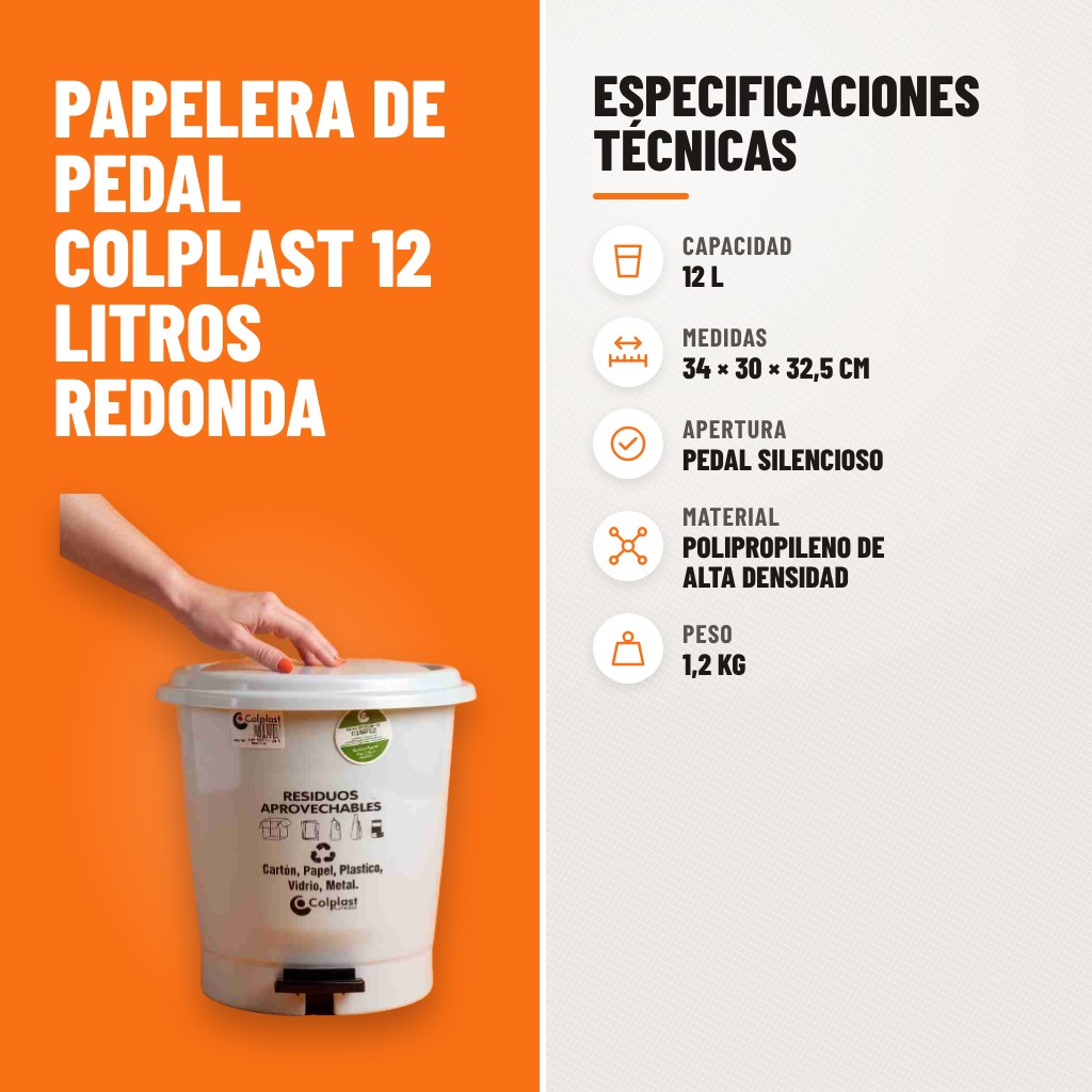Especificaciones técnicas de Papelera de Pedal Colplast 12 Litros Redonda