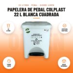 Papelera de Pedal Colplast 22 L Blanca Cuadrada: imagen promocional con 22 litros, apertura con pedal, cierre lento, balde removible
