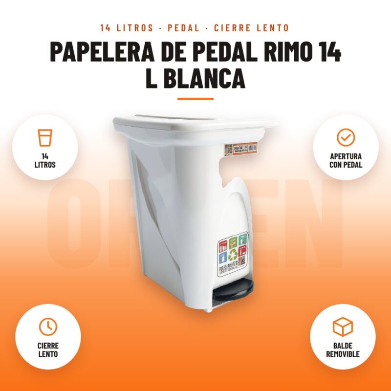 Papelera de Pedal Rimo 14 L Blanca: imagen promocional con 14 litros, apertura con pedal, cierre lento, balde removible