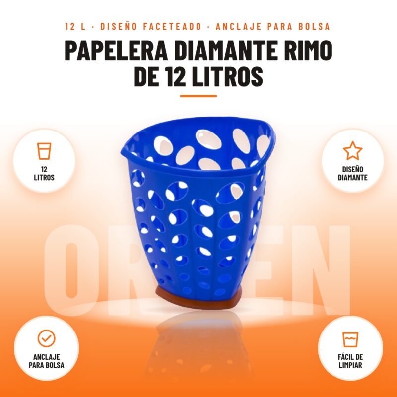 Papelera Diamante Rimo de 12 Litros: imagen promocional con 12 litros, diseño diamante, anclaje para bolsa, fácil de limpiar