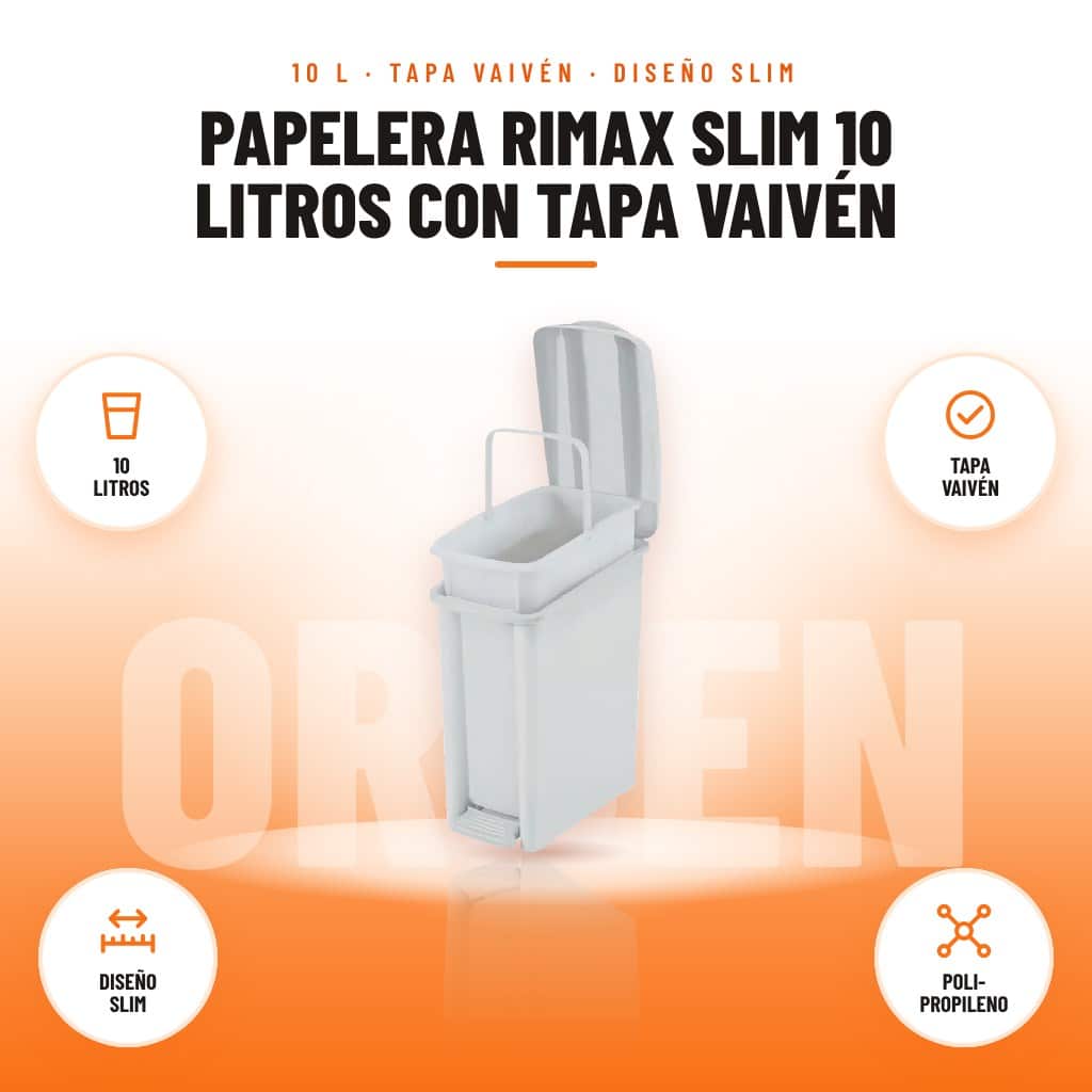 Papelera Rimax Slim 10 Litros con Tapa Vaivén: imagen promocional con 10 litros, tapa vaivén, diseño slim, poli- propileno