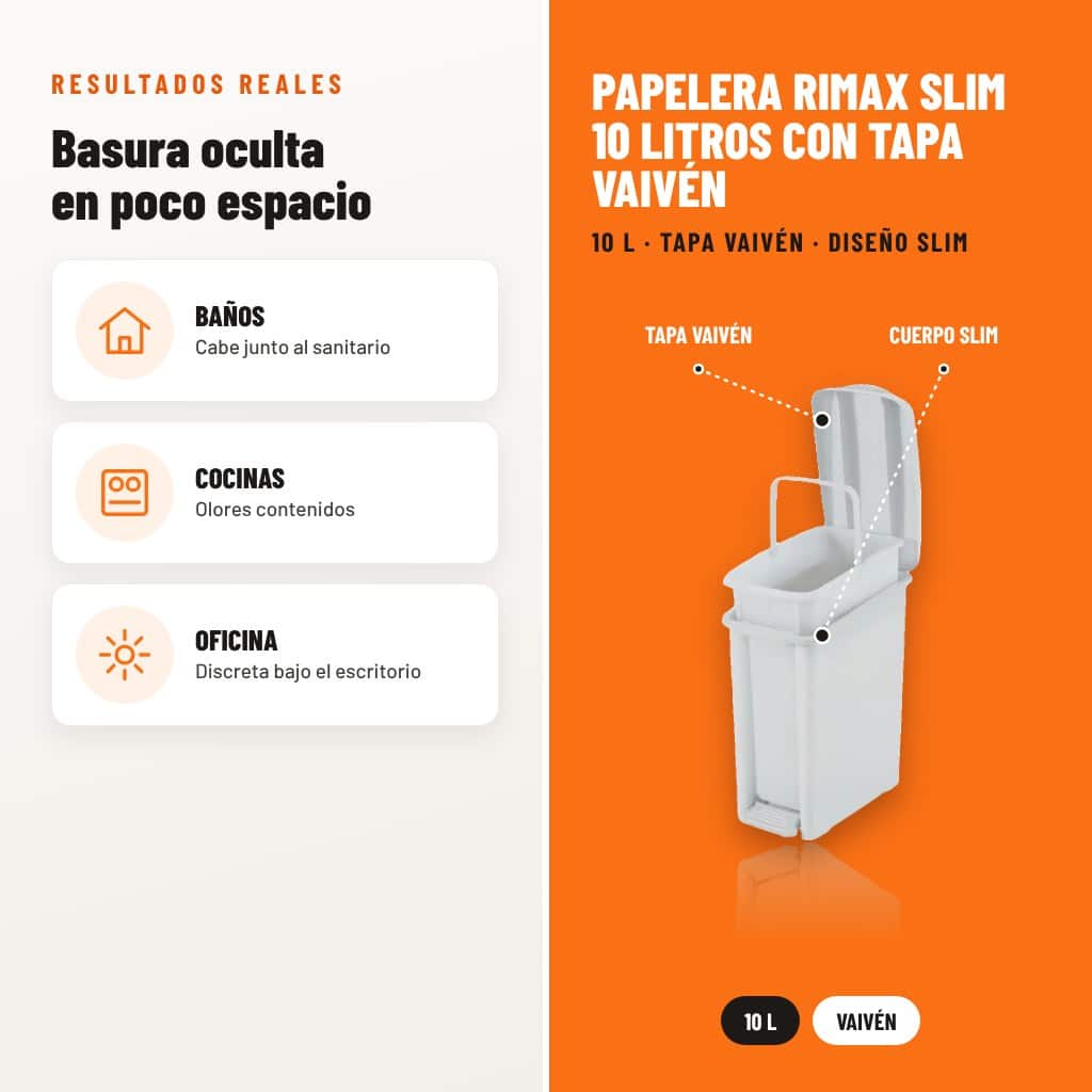 Papelera Rimax Slim 10 Litros con Tapa Vaivén: resultados de uso y características técnicas señaladas