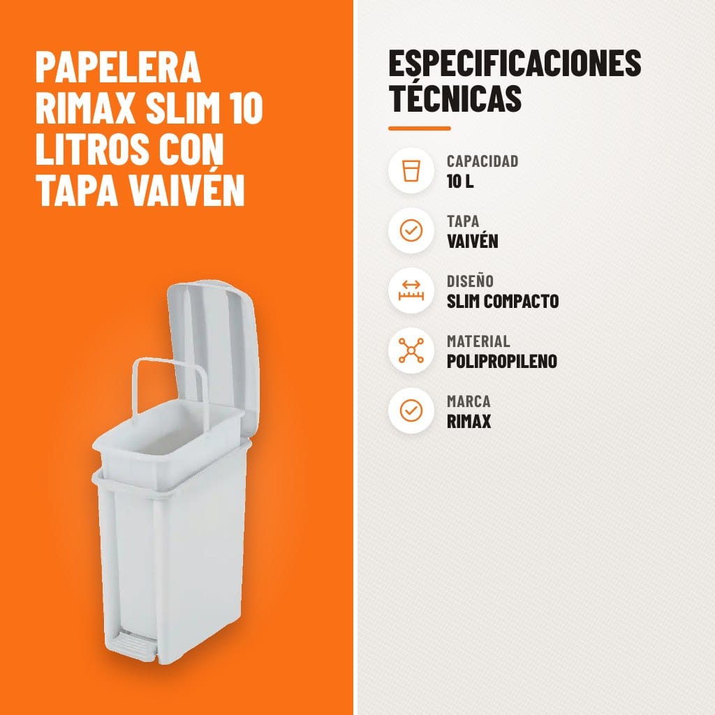 Especificaciones técnicas de Papelera Rimax Slim 10 Litros con Tapa Vaivén
