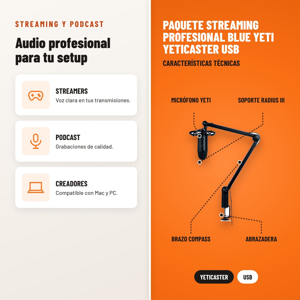 Paquete Streaming Profesional Blue Yeti YetiCaster USB: usos y características técnicas señaladas