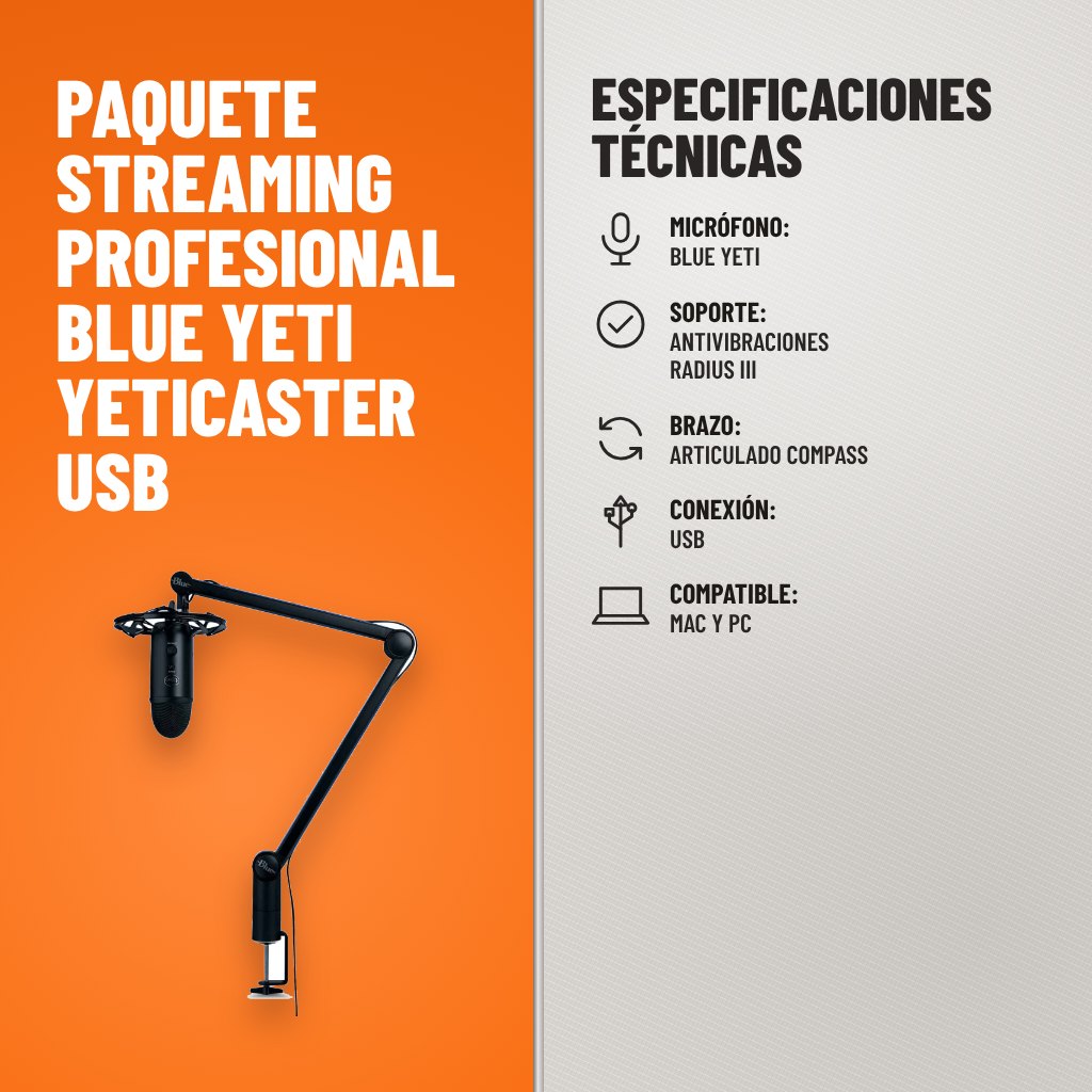 Especificaciones técnicas de Paquete Streaming Profesional Blue Yeti YetiCaster USB