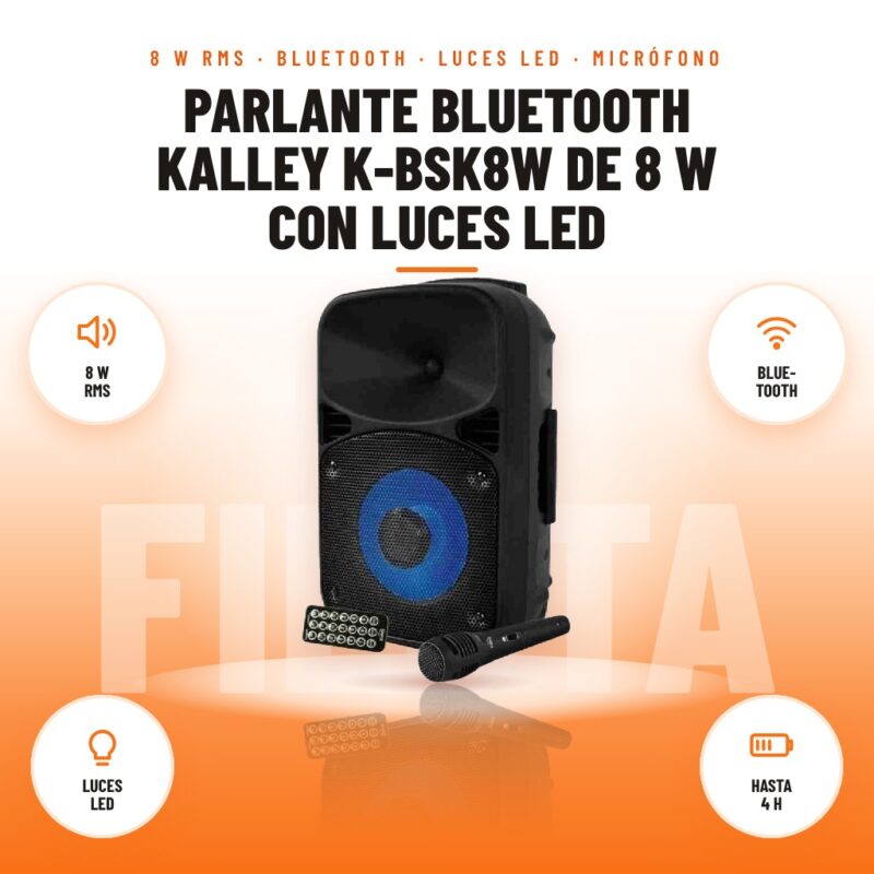 Parlante Bluetooth Kalley K-BSK8W de 8 W con Luces LED: imagen promocional con 8 w rms, blue- tooth, luces led, hasta 4 h