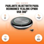 Parlante Bluetooth para Reuniones Yealink CP900 USB 360°: imagen promocional con voz 360°, bluetooth y usb, cancela eco, hasta 6 personas