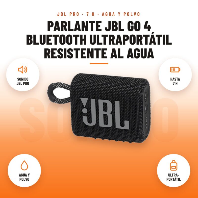 Parlante JBL Go 4 Bluetooth Ultraportátil Resistente al Agua: imagen promocional con sonido jbl pro, hasta 7 h, agua y polvo, ultra- portátil