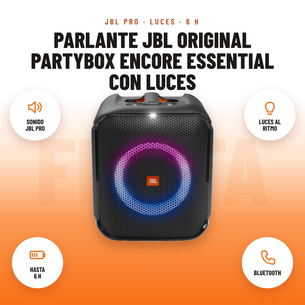 Parlante JBL Original PartyBox Encore Essential con Luces: imagen promocional con sonido jbl pro, luces al ritmo, hasta 6 h, bluetooth