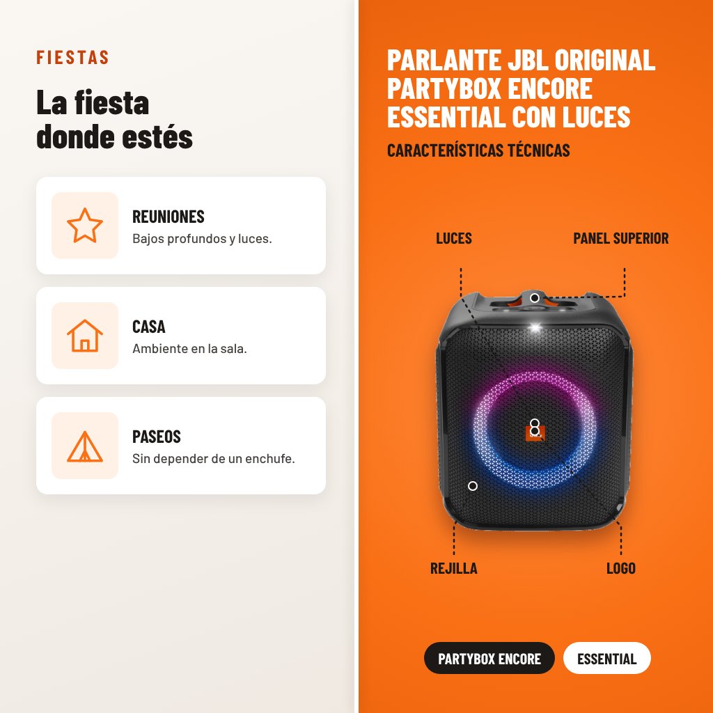 Parlante JBL Original PartyBox Encore Essential con Luces: usos y características técnicas señaladas