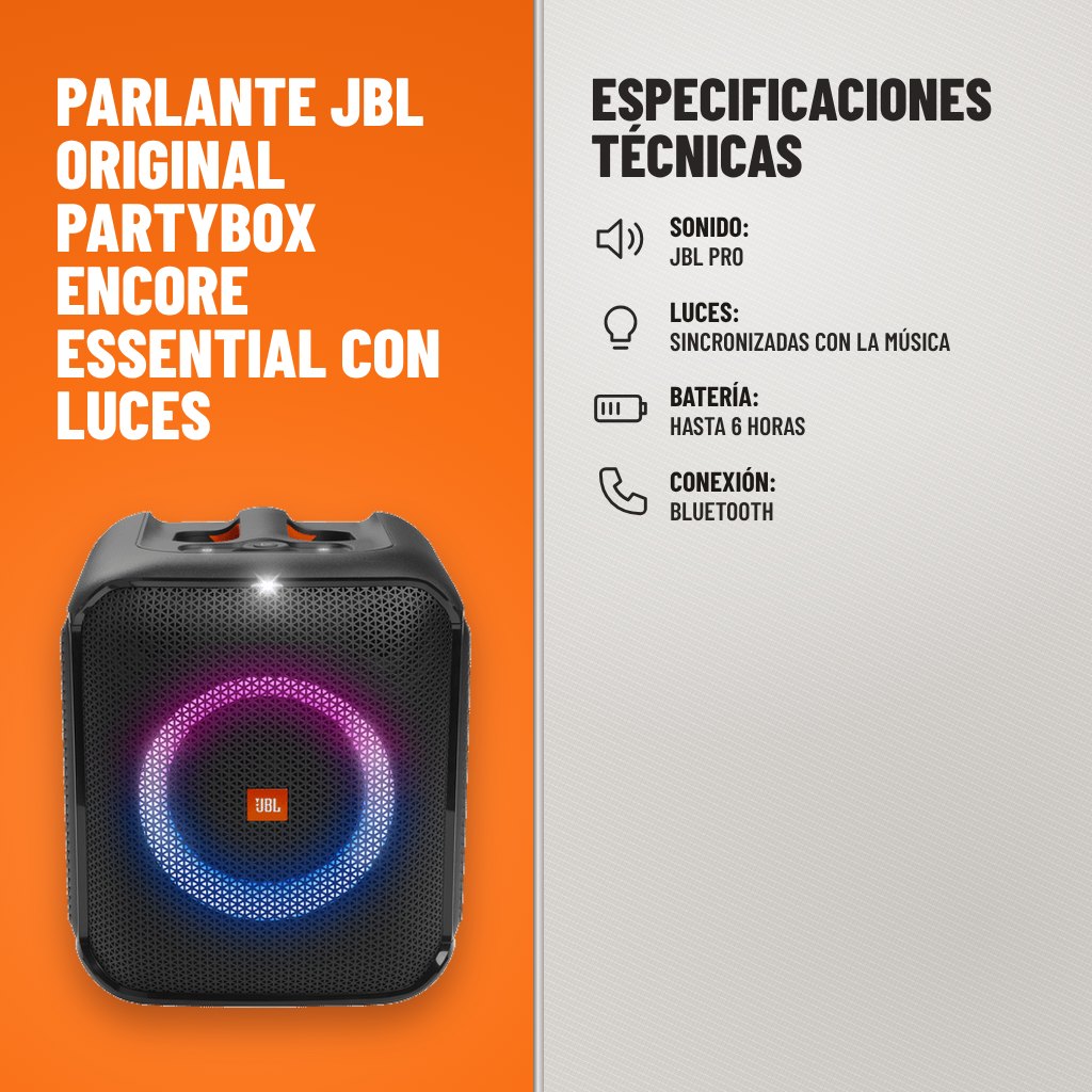Especificaciones técnicas de Parlante JBL Original PartyBox Encore Essential con Luces