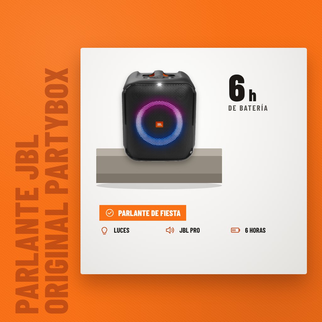 Parlante JBL Original PartyBox Encore Essential con Luces sobre soporte con sus beneficios principales