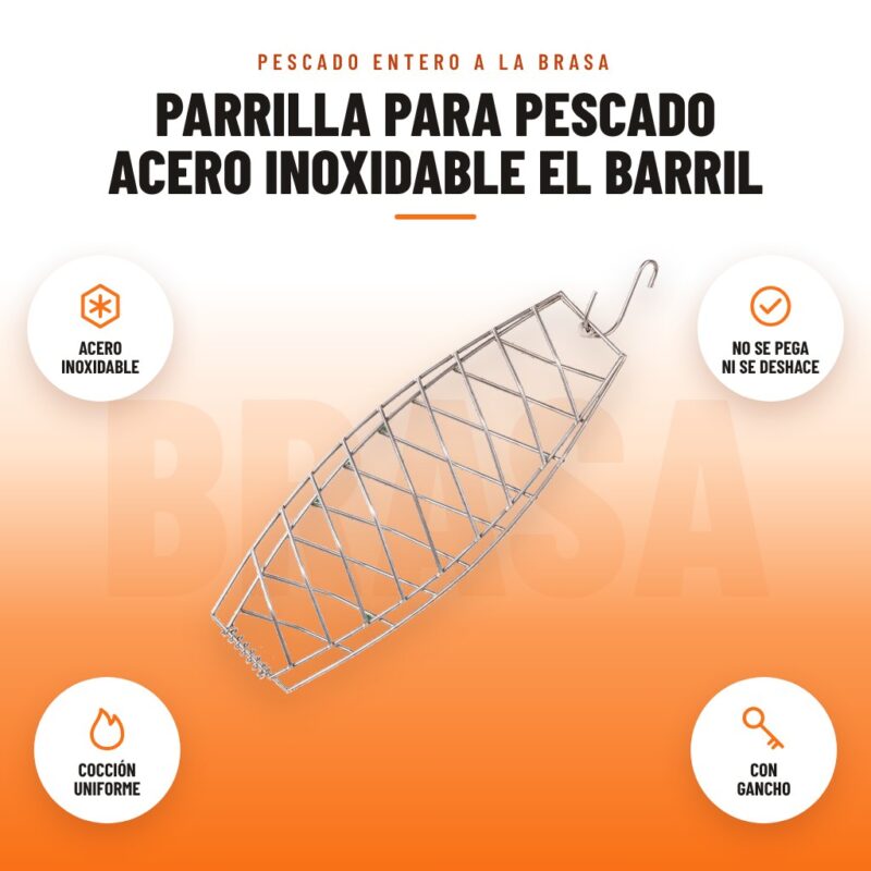 Parrilla para Pescado Acero Inoxidable El Barril: imagen promocional con acero inoxidable, no se pega ni se deshace, cocción uniforme, con gancho