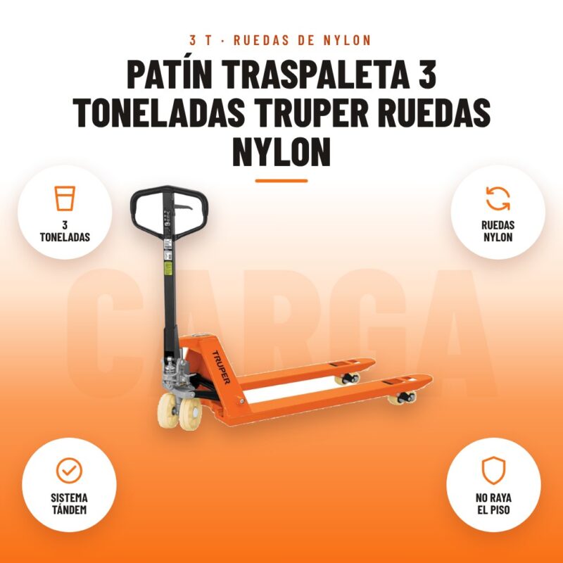 Patín Traspaleta 3 Toneladas Truper Ruedas Nylon: imagen promocional con 3 toneladas, ruedas nylon, sistema tándem, no raya el piso