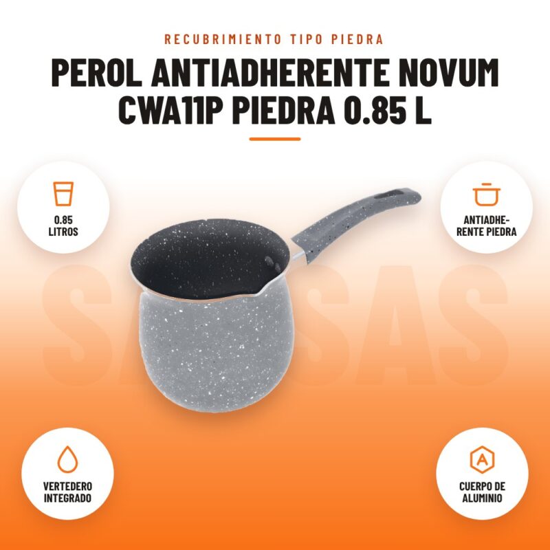 Perol Antiadherente Novum CWA11P Piedra 0.85 L: imagen promocional con 0.85 litros, antiadhe- rente piedra, vertedero integrado, cuerpo de aluminio