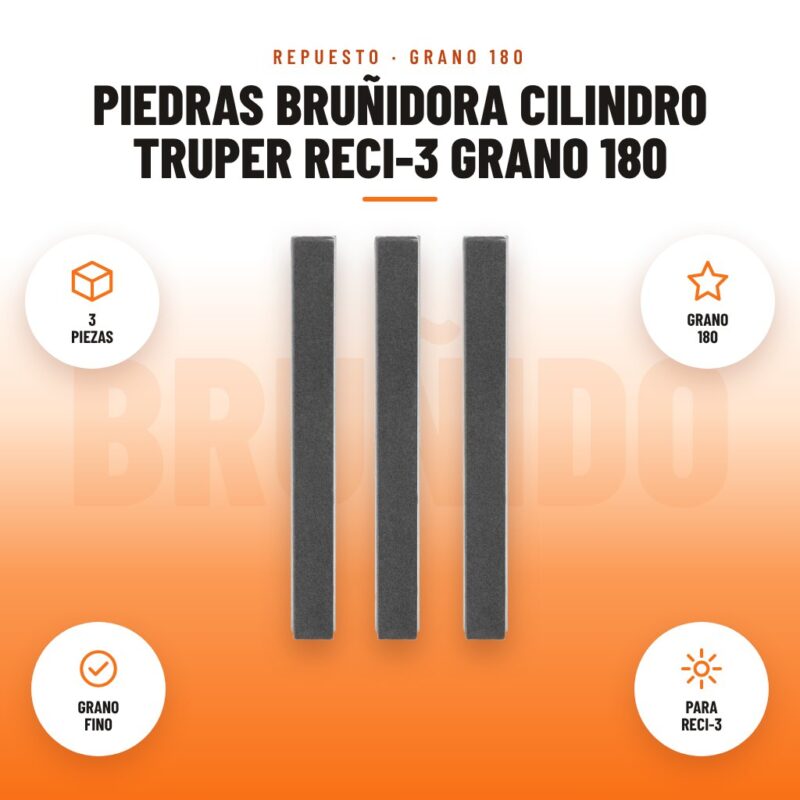 Piedras Bruñidora Cilindro Truper RECI-3 Grano 180: imagen promocional con 3 piezas, grano 180, grano fino, para reci-3