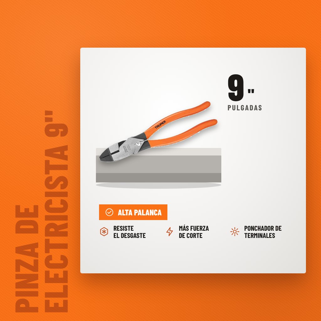 Pinza de Electricista 9" Truper Expert T210-9X con Ponchador sobre soporte con sus beneficios principales