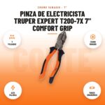 Pinza de Electricista Truper Expert T200-7X 7" Comfort Grip: imagen promocional con 7 pulgadas, cromo vanadio, alta palanca, mango ergonómico
