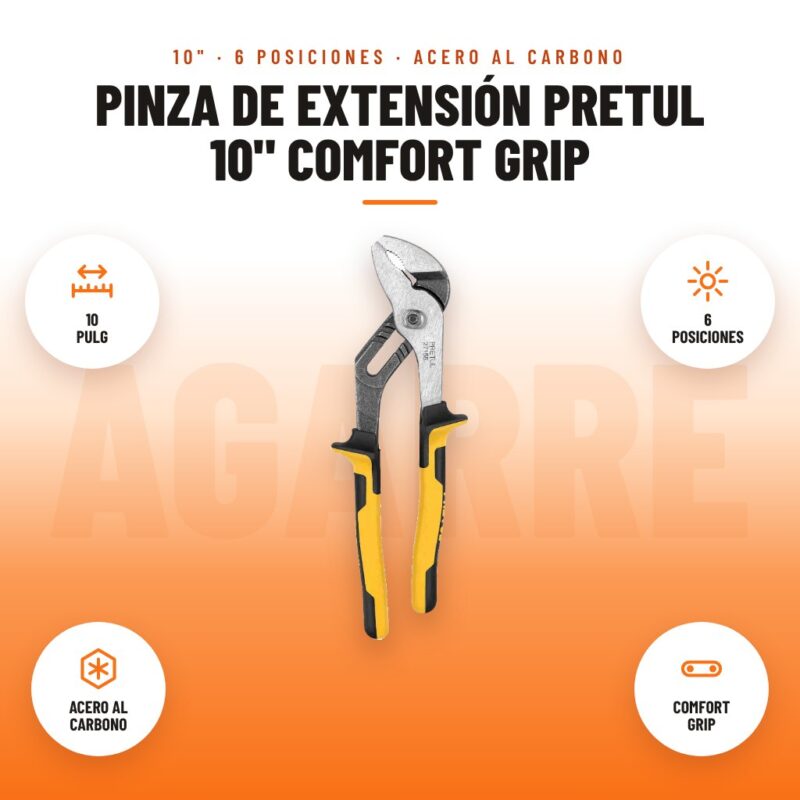 Pinza de Extensión Pretul 10" Comfort Grip: imagen promocional con 10 pulg, 6 posiciones, acero al carbono, comfort grip