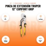 Pinza de Extensión Truper 12" Comfort Grip: imagen promocional con 12 pulg, 7 posiciones, acero al carbono, comfort grip