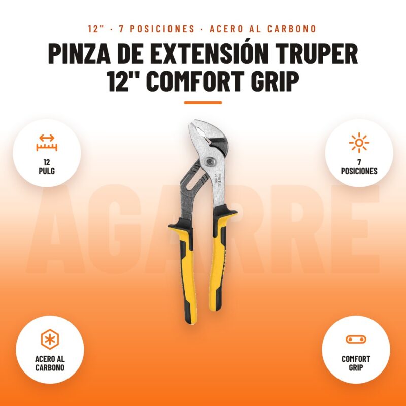 Pinza de Extensión Truper 12" Comfort Grip: imagen promocional con 12 pulg, 7 posiciones, acero al carbono, comfort grip