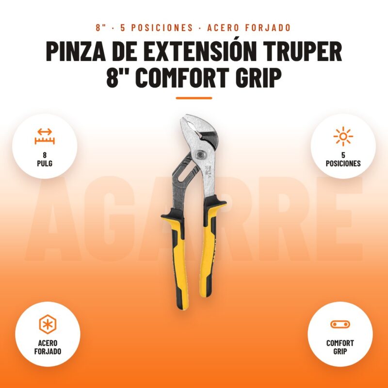 Pinza de Extensión Truper 8" Comfort Grip: imagen promocional con 8 pulg, 5 posiciones, acero forjado, comfort grip