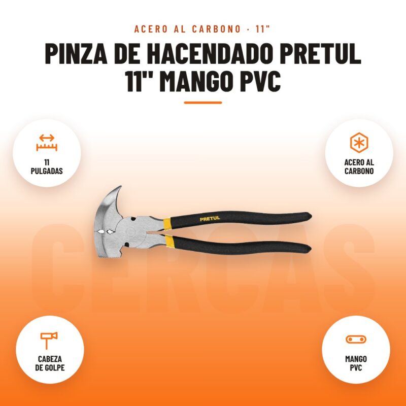 Pinza de Hacendado Pretul 11" Mango PVC: imagen promocional con 11 pulgadas, acero al carbono, cabeza de golpe, mango pvc
