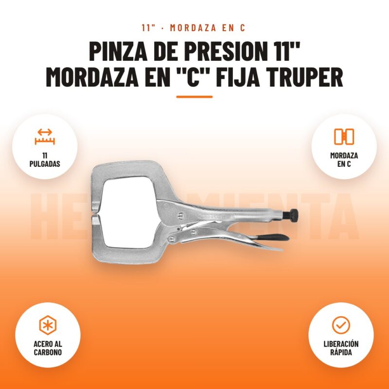 Pinza De Presion 11" Mordaza En "C" Fija Truper: imagen promocional con 11 pulgadas, mordaza en c, acero al carbono, liberación rápida