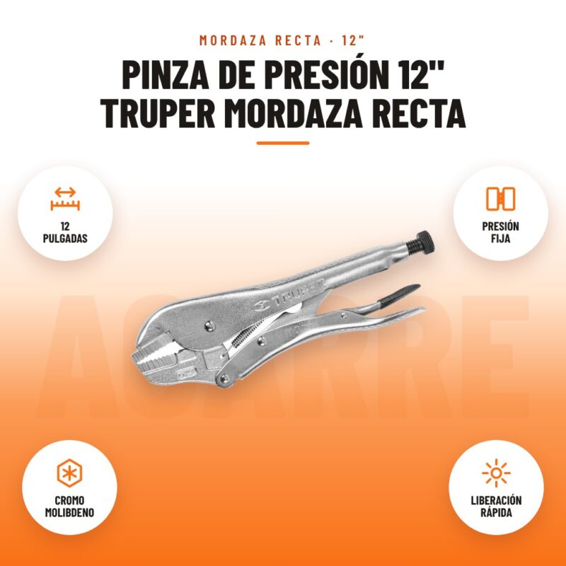 Pinza de Presión 12" Truper Mordaza Recta: imagen promocional con 12 pulgadas, presión fija, cromo molibdeno, liberación rápida