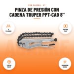 Pinza de Presión con Cadena Truper PPT-CAD 8": imagen promocional con 8 pulgadas, presión fija, cadena 50 cm, liberación rápida