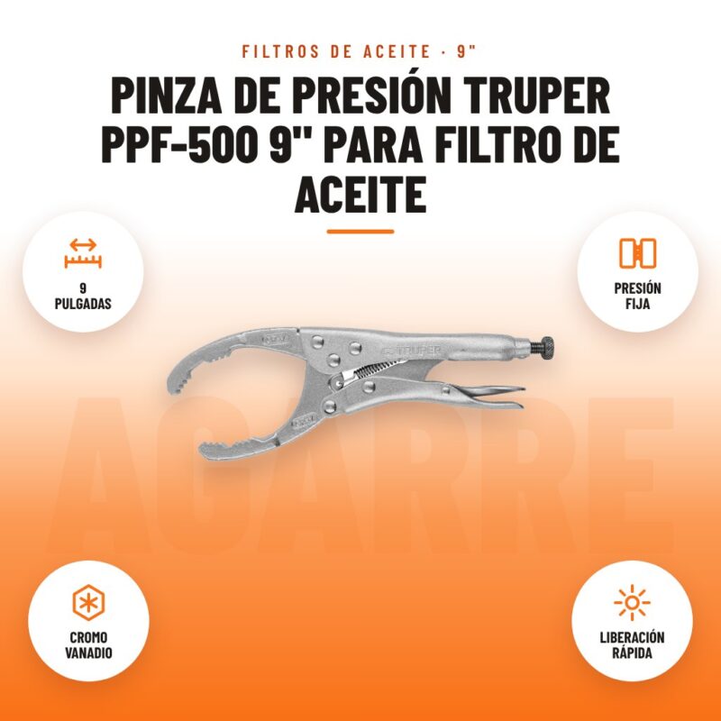 Pinza de Presión Truper PPF-500 9" para Filtro de Aceite: imagen promocional con 9 pulgadas, presión fija, cromo vanadio, liberación rápida
