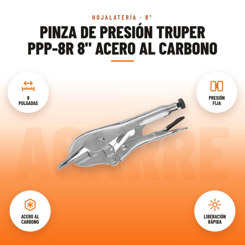Pinza de Presión Truper PPP-8R 8" Acero al Carbono: imagen promocional con 8 pulgadas, presión fija, acero al carbono, liberación rápida