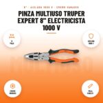 Pinza Multiuso Truper Expert 8" Electricista 1000 V: imagen promocional con 8 pulg, aislada 1000 v, cromo vanadio, pela cables