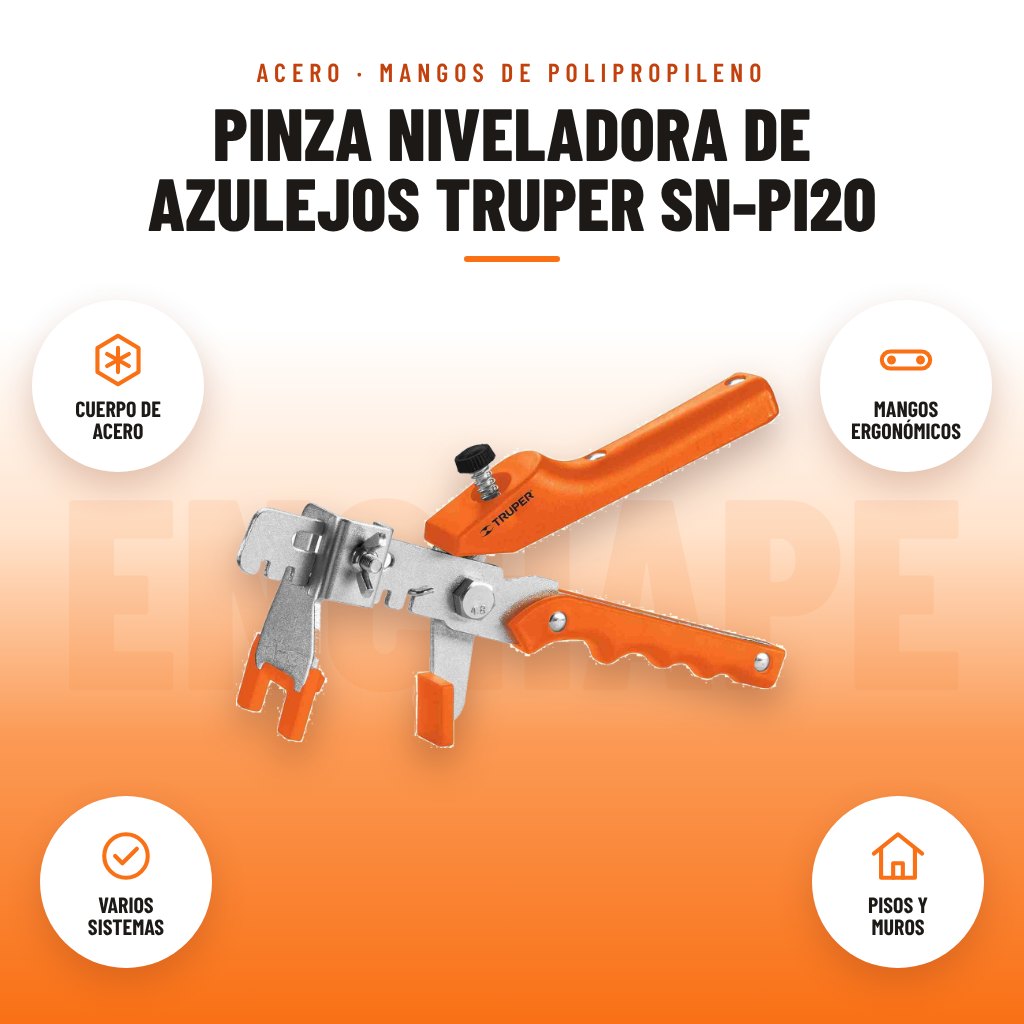 Pinza Niveladora de Azulejos Truper SN-PI20: imagen promocional con cuerpo de acero, mangos ergonómicos, varios sistemas, pisos y muros