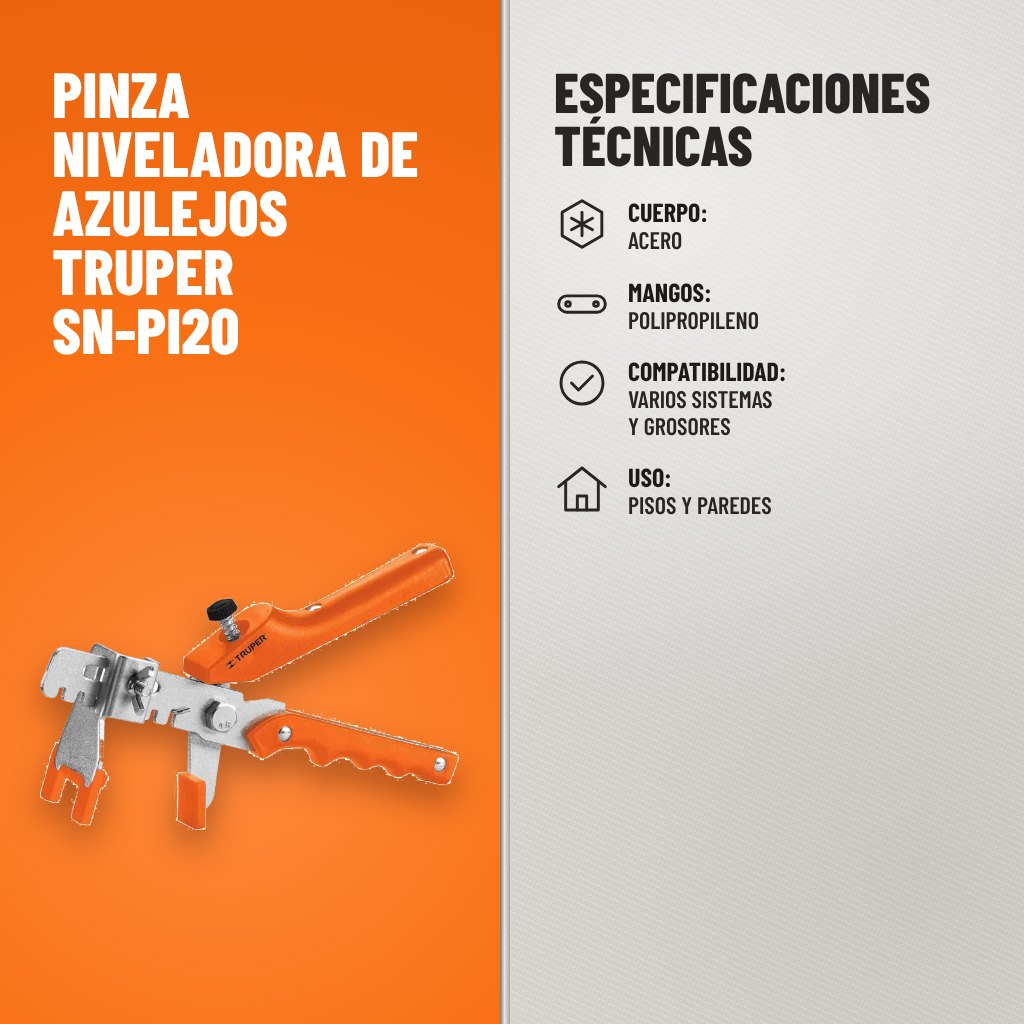 Especificaciones técnicas de Pinza Niveladora de Azulejos Truper SN-PI20