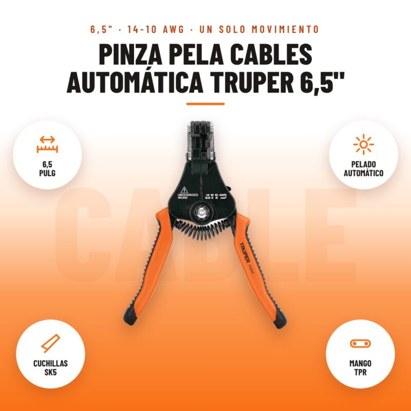 Pinza Pela Cables Automática Truper 6,5": imagen promocional con 6,5 pulg, pelado automático, cuchillas sk5, mango tpr