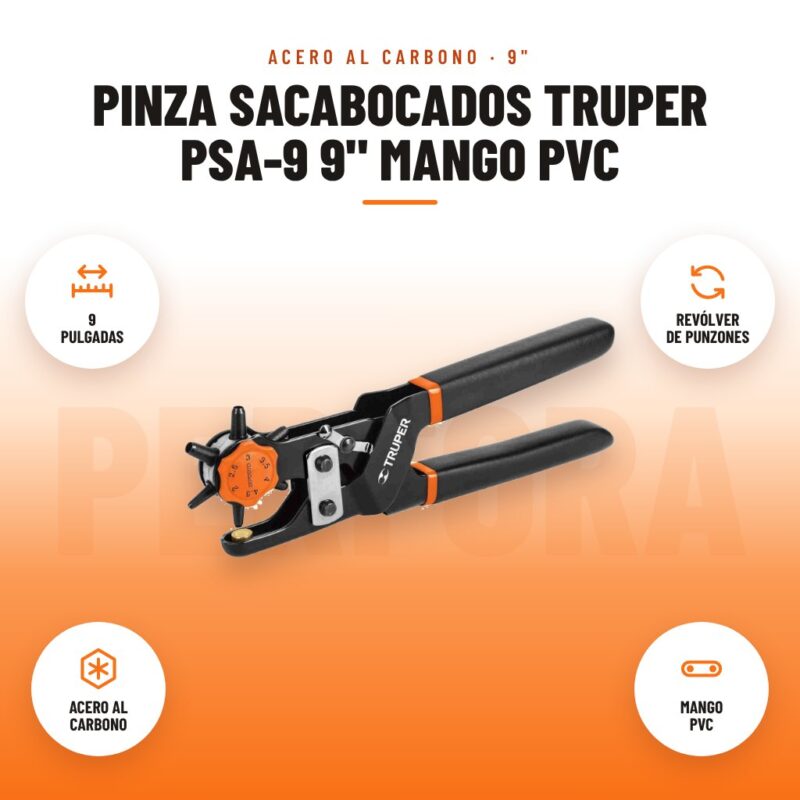 Pinza Sacabocados Truper PSA-9 9" Mango PVC: imagen promocional con 9 pulgadas, revólver de punzones, acero al carbono, mango pvc
